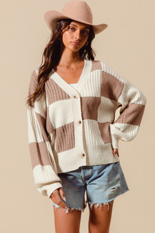SO ME Checkered Button Front Ribbed Sweater Cardigan