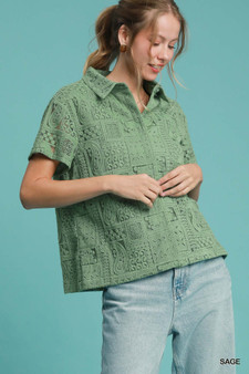 Umgee Patch Lace Short Sleeve Button Down Shirt