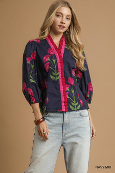 Umgee Floral Print Ruffle Trim Puff Sleeve Blouse