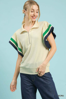 Umgee Textured Half Zip Top with Striped Flutter Sleeves
