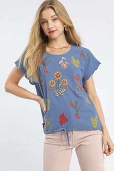 Umgee Embroidered Scallop Sleeve Top with Drawstring Hem
