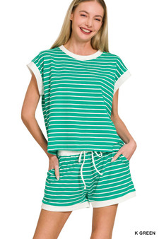 Zenana Stripe Contrast Trim Top & Shorts Set