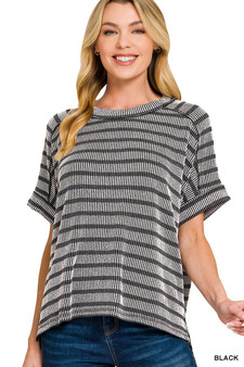 Zenana Raised Rib Striped Exposed Seam Top