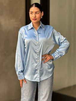 Rhinestone Diamond Lined Button Down Satin Blouse​​