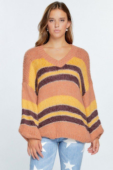 V-Neck Cozy Thick Knit Stripe Pullover Sweater