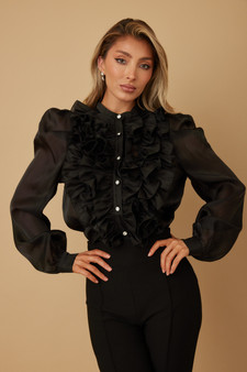 Ruffle Micro Crystal Long Sleeve Blouse​