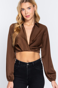 Long Sleeve Notched Collar Front Twisted Detail Crop Woven Top