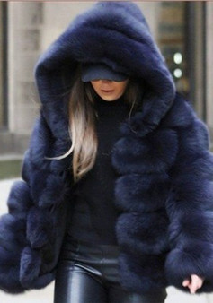 Women Faux Fox Fur With Hood Long Sleeve Jacket