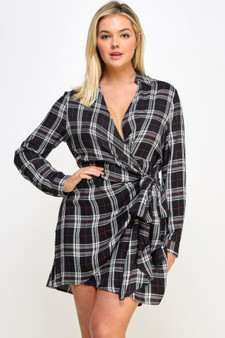 Plus Size Long Sleeve Plaid Side Tie Dress​