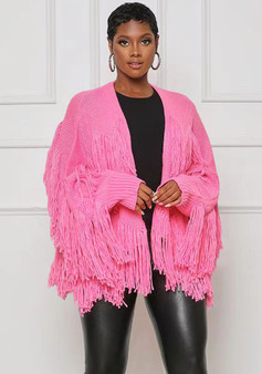 Women Solid Color Knitting Fringe Jacket