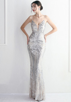 Plus SizeWomenElegant Sequin Backless Fishtail Dress Evening Dress