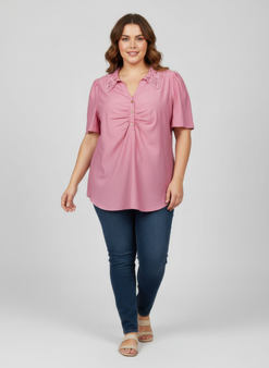 Lace Collar Button Detail Flutter Sleeve Top​​​