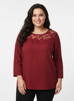 Lace Yoke Three-Quarter Sleeve Knit Top​​​