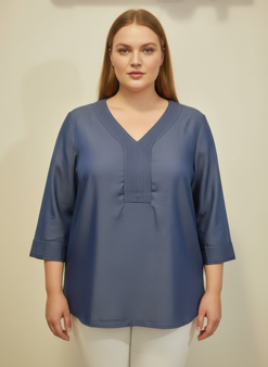 Pleated V-Neck Three-Quarter Sleeve Knit Top