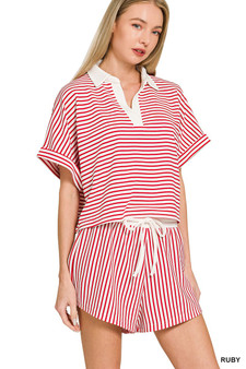 Zenana Striped Collared Top & Shorts Set