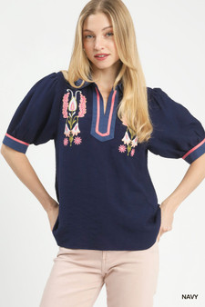 Umgee Embroidered Puff Sleeve Contrast Trim Top