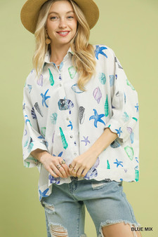 Umgee Seashell & Starfish Print Button-Down Top