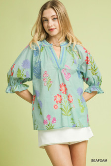 Umgee Floral Split Neck Puff Sleeve Top