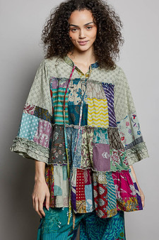 POL Tiered Floral Patchwork Tie Neck Shirred Ruffled Blouse