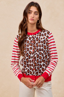 BiBi Leopard With Stripe Combo Buttoned Cardigan