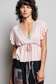 POL Tied Ruffled V-Neck Short Sleeve Blouse with Lace Detail
