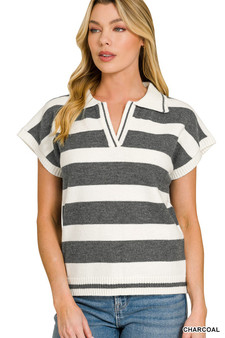Zenana Striped Collared Short Sleeve Sweater