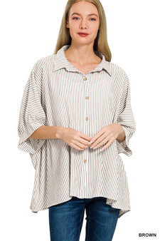 Zenana Woven Stripe Button Down Boxy Shirt