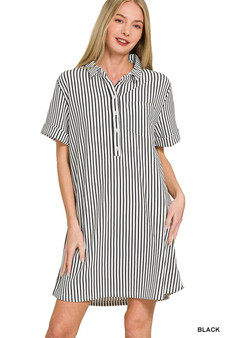 Zenana Stripe Collared Half Button Up T-Shirts Dress