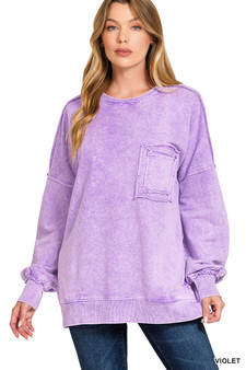 Zenana Halo Washed French Terry Exposed-seam Sweatshirt