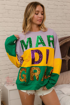 BiBi Sequin Mardi Gras Lettering Color Block Sweatshirt