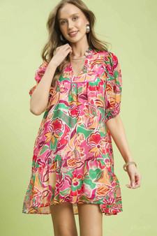 Umgee Abstract Print V-Neck Baby Doll Dress