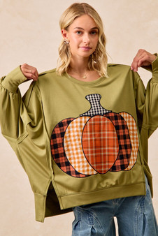 BiBi Plaid Mix Pumpkin Patchwork Cut Edge Detail Oversized French Terry Sweatshirt