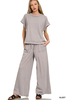 Zenana Washed Slub Short Sleeve Tee & Long Pants Set