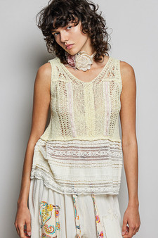 POL V-Neck Crochet Sweater Vest with Lace Trim