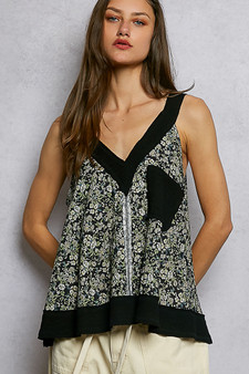 POL Floral V-Neck Tank with Front Pocket