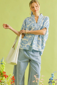 Umgee Botanical Print Mixed Trim Tunic Top