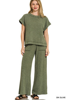 Zenana Washed Slub Short Sleeve Tee & Long Pants Set