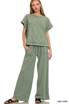 Zenana Washed Slub Short Sleeve Tee & Long Pants Set