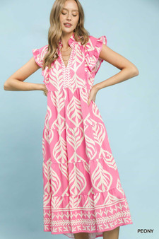 Umgee Leaf Print Tiered Maxi Dress with Pockets