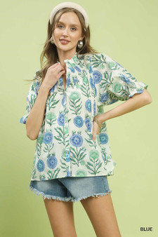 Umgee Floral Button-Front Short Sleeve Top