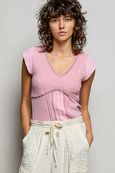 POL V-Neck Lightweight Textured Short Sleeve Knit Top with Lace Trim