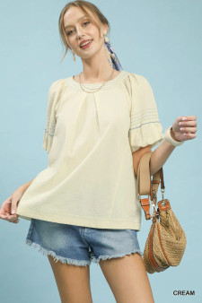 Umgee Round Neck Puff Sleeve Top with Contrast Stitch Detail