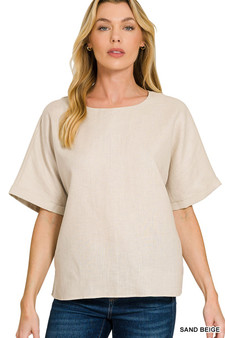 Zenana Linen Round Neck Cuffed Sleeve Top