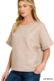 Zenana Linen Round Neck Cuffed Sleeve Top