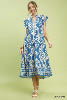 Umgee Leaf Print Tiered Midi Dress with Pockets