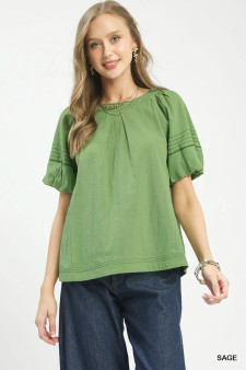 Umgee Round Neck Puff Sleeve Top with Contrast Stitch Detail