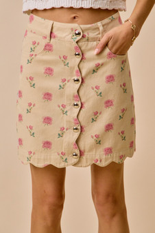 SO ME Floral Rose Print Cotton Twill Scallop Mini Skirt