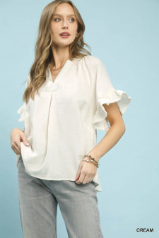Umgee Ruffle Sleeve V-Neck Flutter Blouse