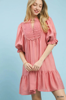 Umgee Smocked Bib Ruffle Hem Babydoll Dress