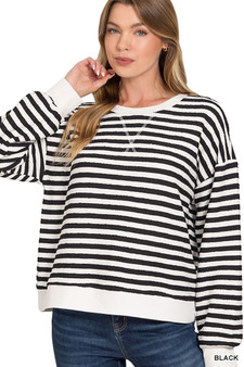 Zenana Striped Round Neck Sweatshirt
